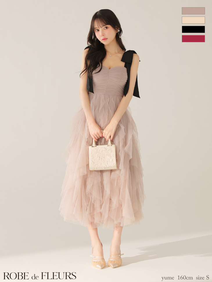 ROBE de FLEURS ローブドフルール ボリュームチュールショルダーリボンフレアロングドレス fm3463-c