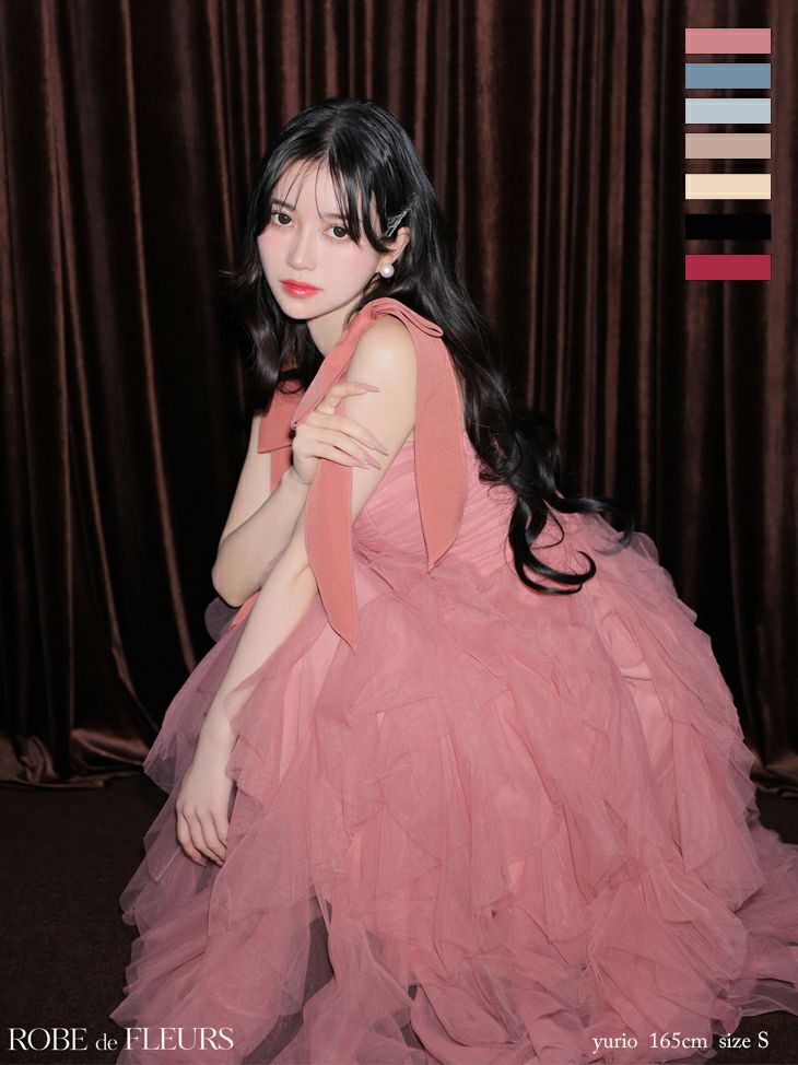 ROBE de FLEURS ローブドフルール ボリュームチュールショルダーリボンフレアロングドレス fm3463-c