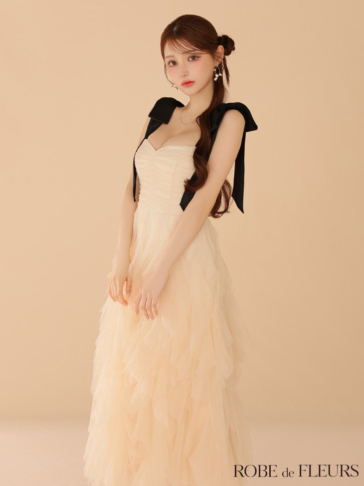 ROBE de FLEURS ローブドフルール ボリュームチュールショルダーリボンフレアロングドレス fm3463-c