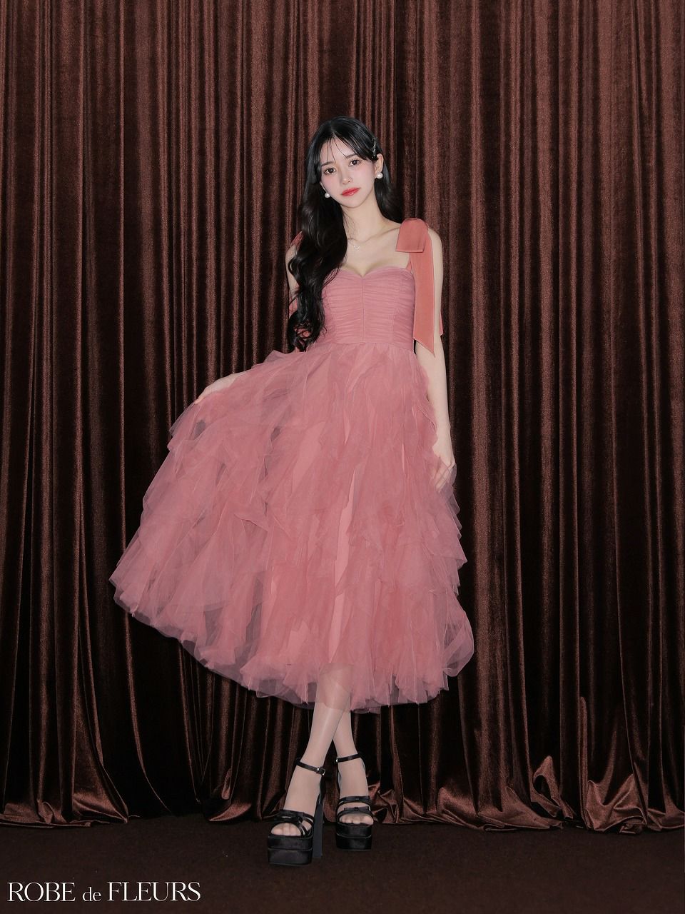 ROBE de FLEURS ローブドフルール ボリュームチュールショルダーリボンフレアロングドレス fm3463-c