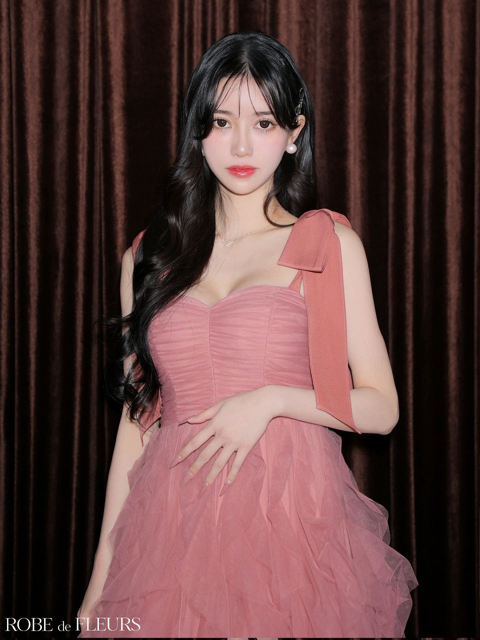 ROBE de FLEURS ローブドフルール ボリュームチュールショルダーリボンフレアロングドレス fm3463-c