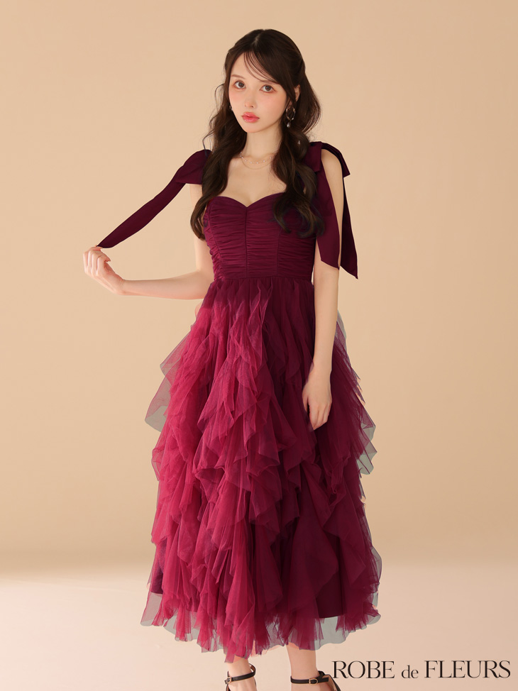 ROBE de FLEURS ローブドフルール ボリュームチュールショルダーリボンフレアロングドレス fm3463-c