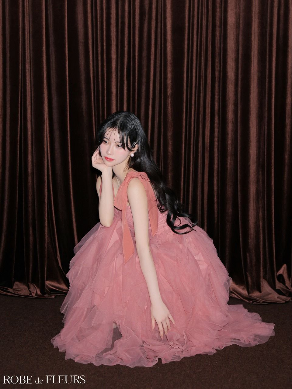 ROBE de FLEURS ローブドフルール ボリュームチュールショルダーリボンフレアロングドレス fm3463-c