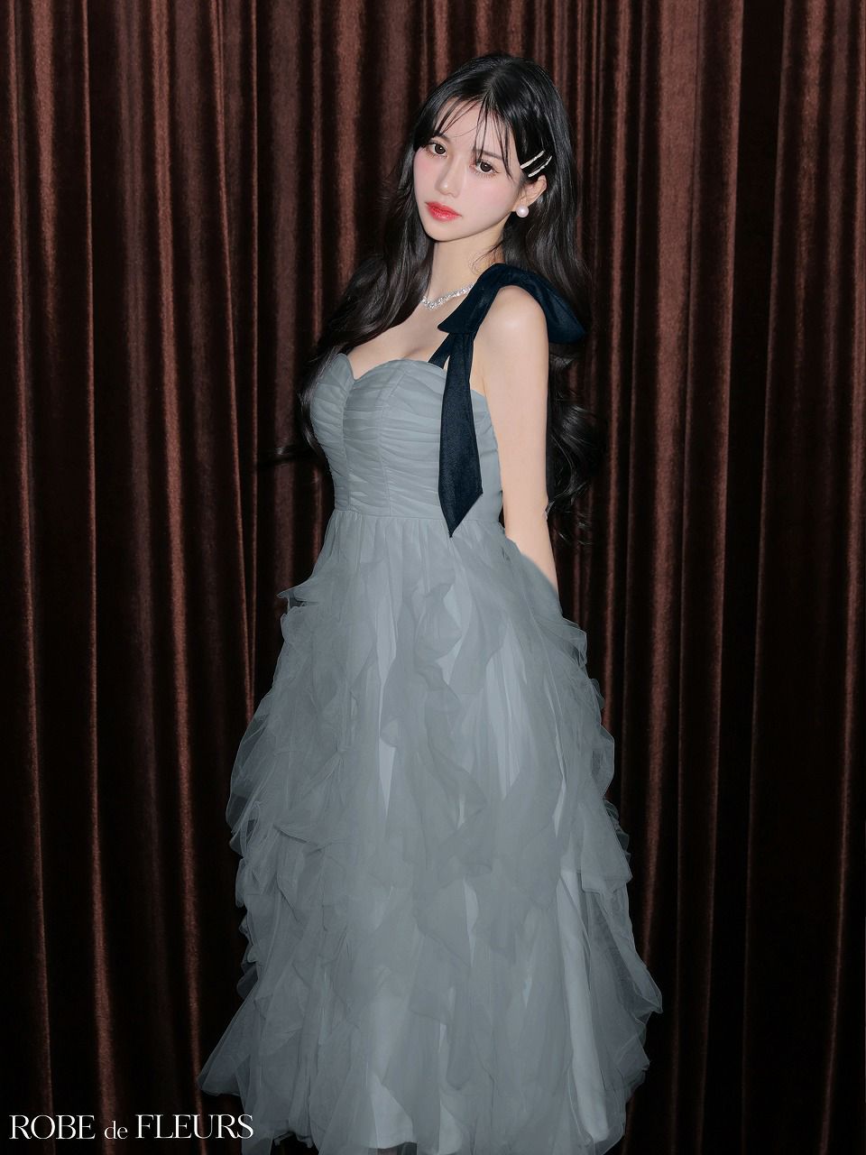 ROBE de FLEURS ローブドフルール ボリュームチュールショルダーリボンフレアロングドレス fm3463-c