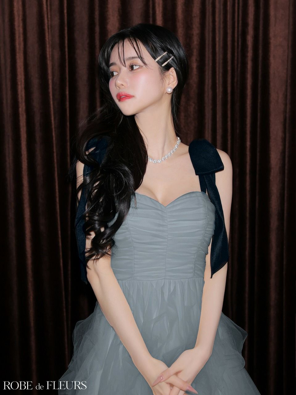 ROBE de FLEURS ローブドフルール ボリュームチュールショルダーリボンフレアロングドレス fm3463-c