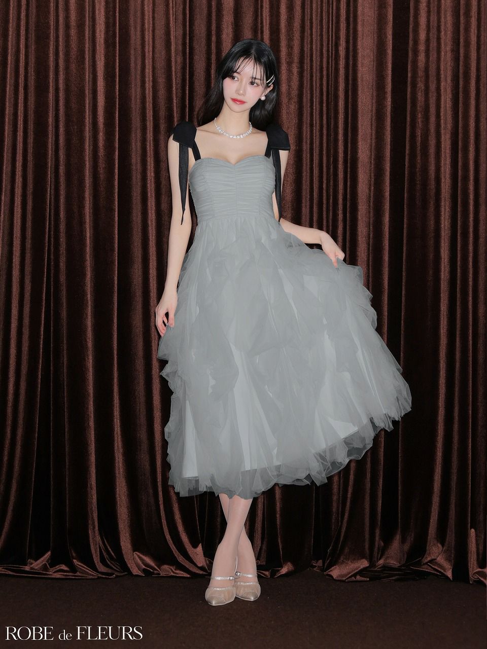 ROBE de FLEURS ローブドフルール ボリュームチュールショルダーリボンフレアロングドレス fm3463-c