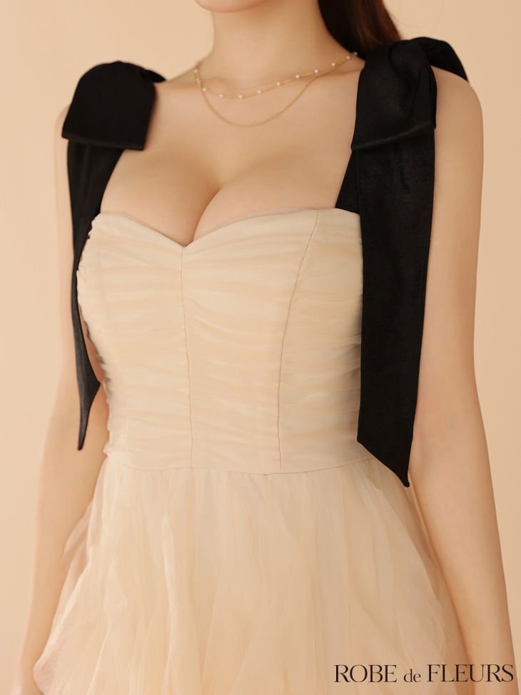 ROBE de FLEURS ローブドフルール ボリュームチュールショルダーリボンフレアロングドレス fm3463-c