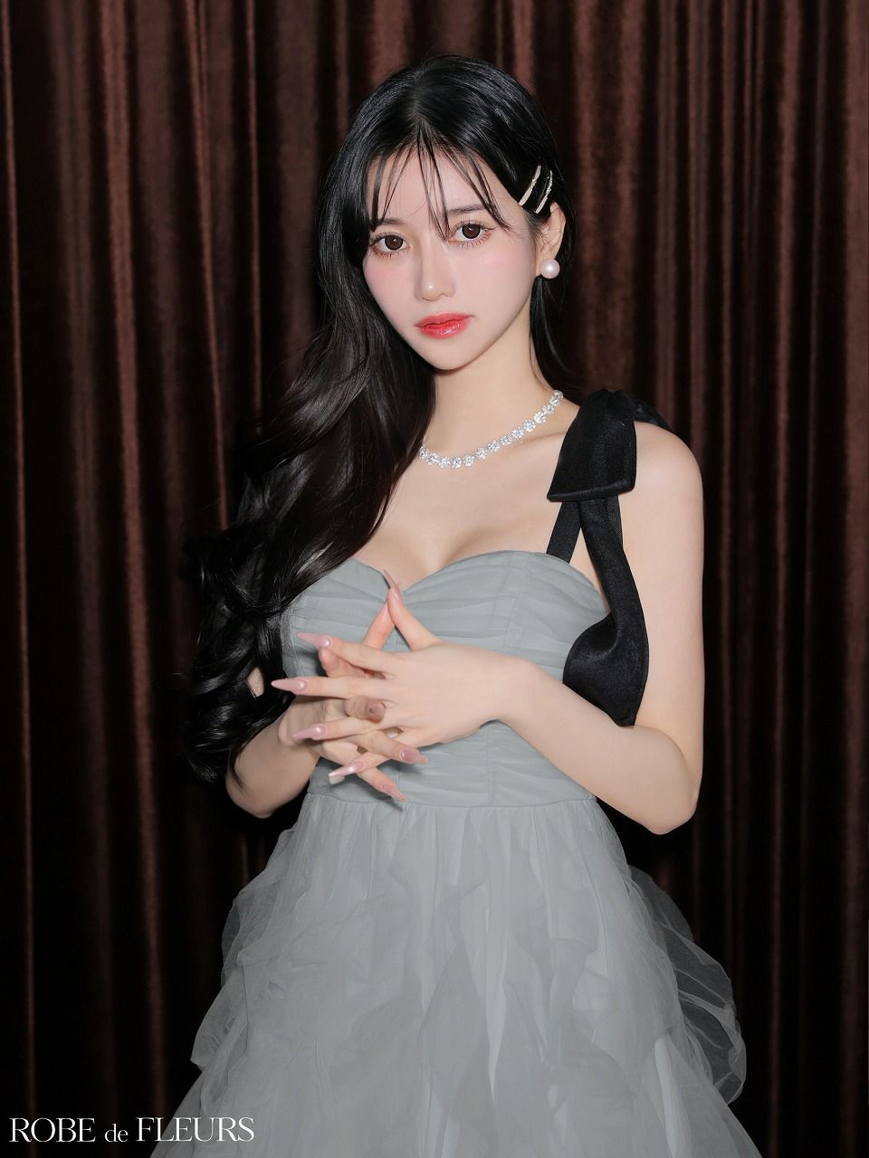 ROBE de FLEURS ローブドフルール ボリュームチュールショルダーリボンフレアロングドレス fm3463-c