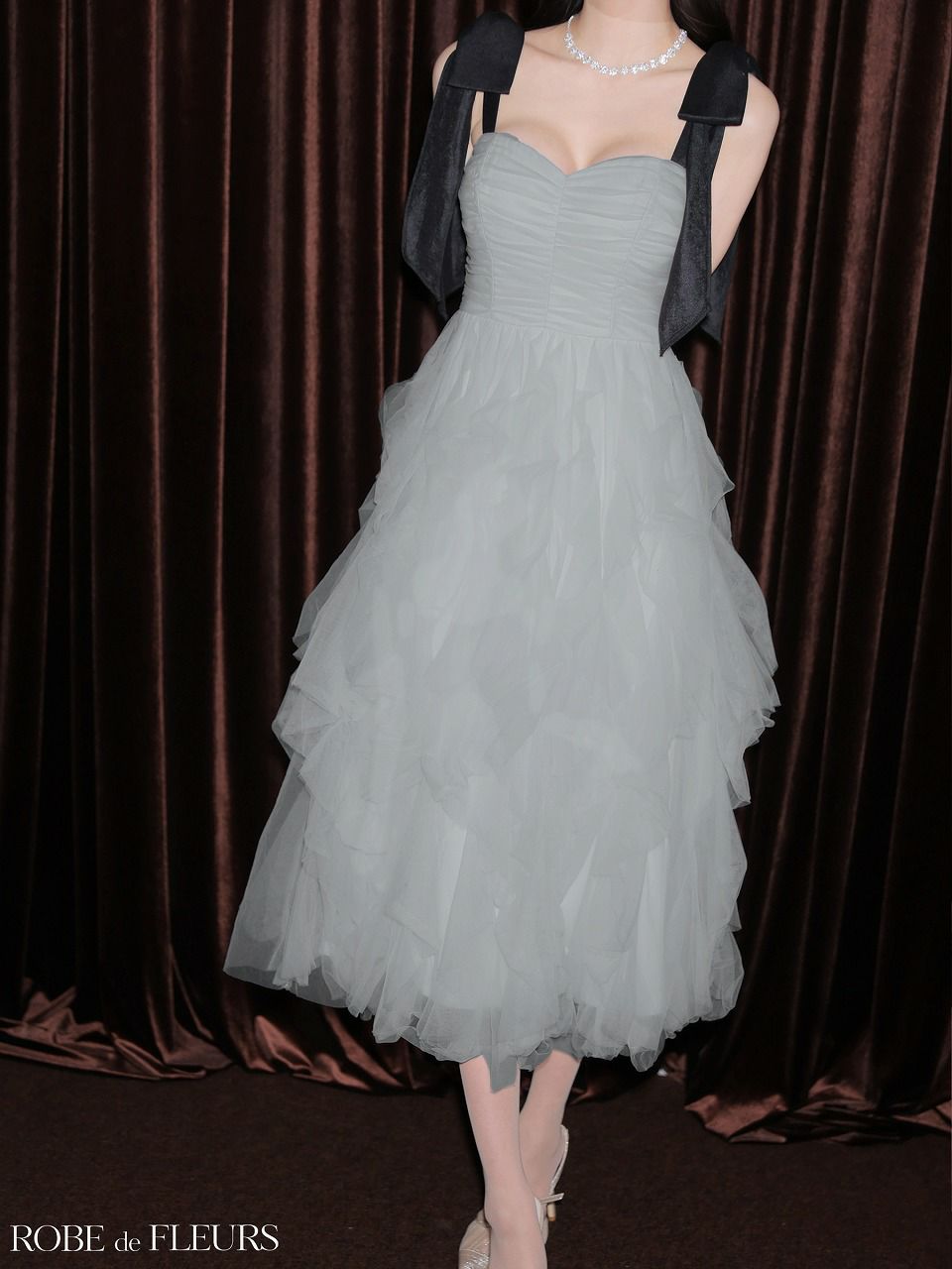 ROBE de FLEURS ローブドフルール ボリュームチュールショルダーリボンフレアロングドレス fm3463-c