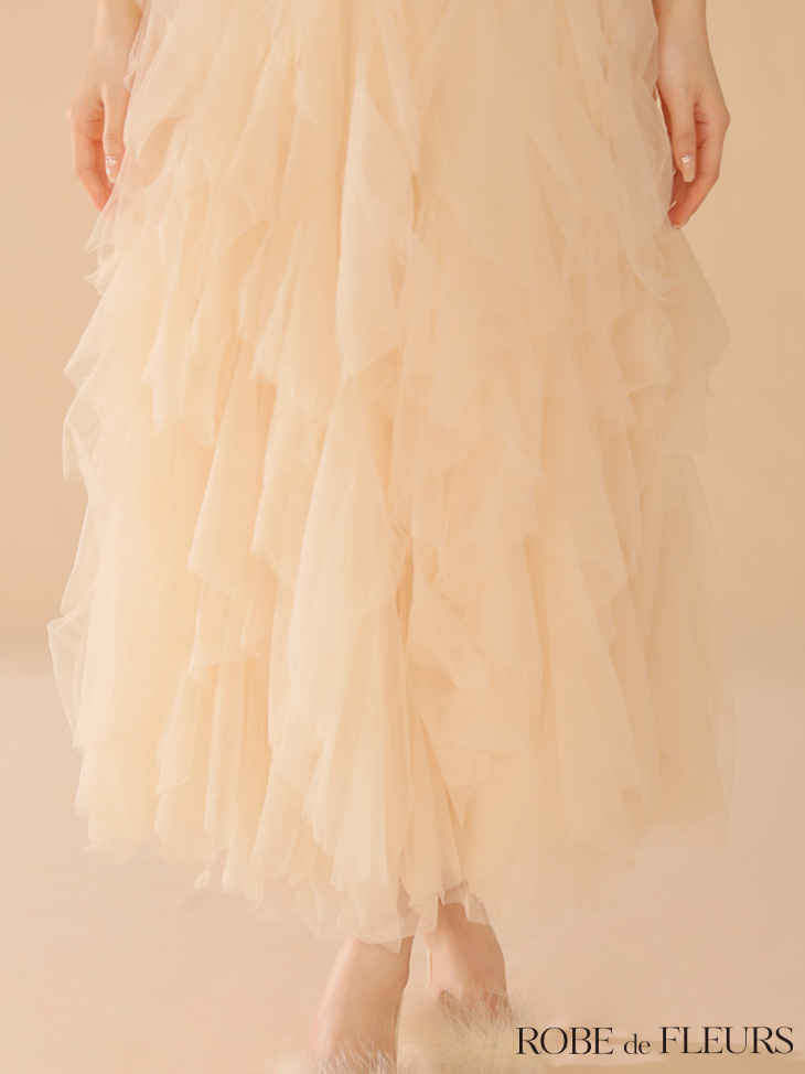 ROBE de FLEURS ローブドフルール ボリュームチュールショルダーリボンフレアロングドレス fm3463-c
