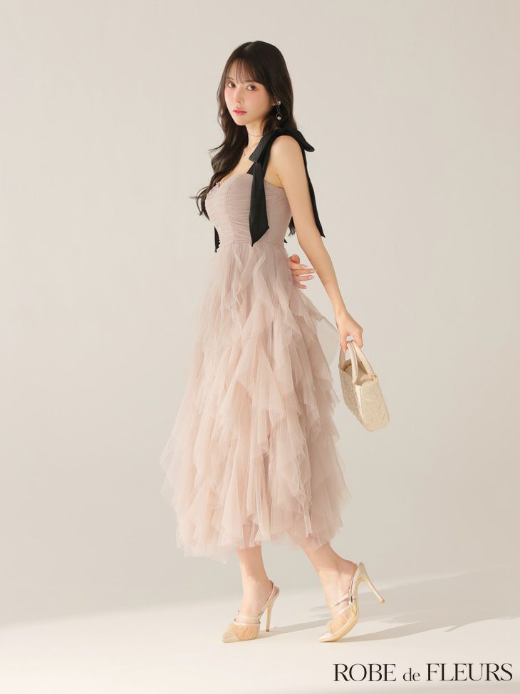 ROBE de FLEURS ローブドフルール ボリュームチュールショルダーリボンフレアロングドレス fm3463-c