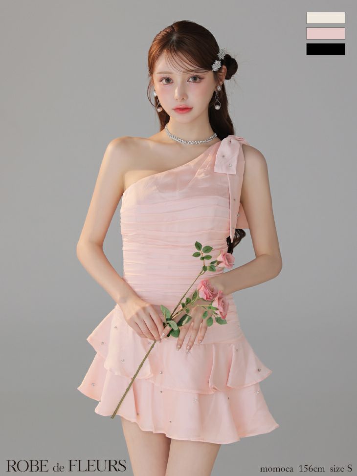 ROBE de FLEURS ローブドフルール サテンワンショルダーリボンティアードフレアミニキャバドレス fm4322-c