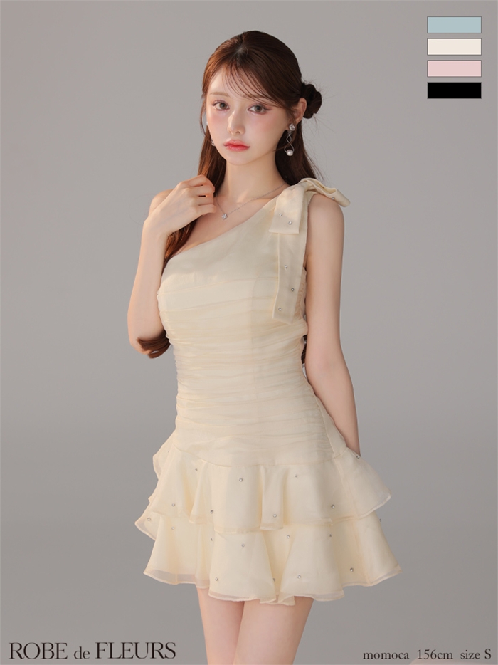 ROBE de FLEURS ローブドフルール サテンワンショルダーリボンティアードフレアミニキャバドレス fm4322-c