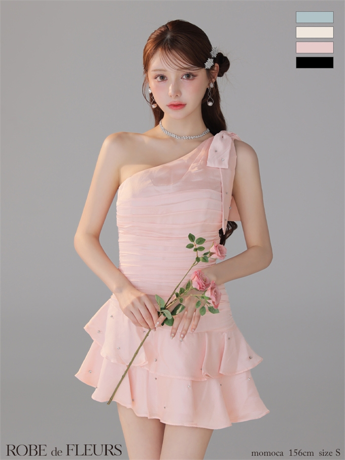ROBE de FLEURS ローブドフルール サテンワンショルダーリボンティアードフレアミニキャバドレス fm4322-c