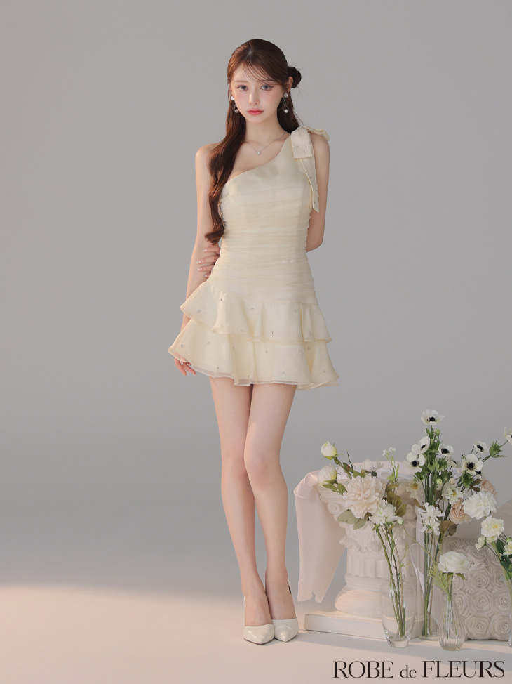 ROBE de FLEURS ローブドフルール サテンワンショルダーリボンティアードフレアミニキャバドレス fm4322-c