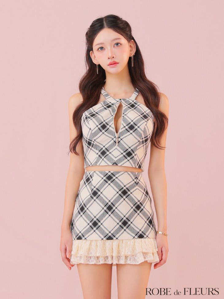 ROBE de FLEURS ローブドフルール レースチェックバストジップセットアップミニキャバドレス fm4222-c