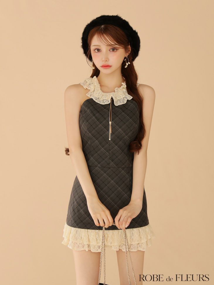ROBE de FLEURS ローブドフルール レースチェックバストジップセットアップミニキャバドレス fm4222-c