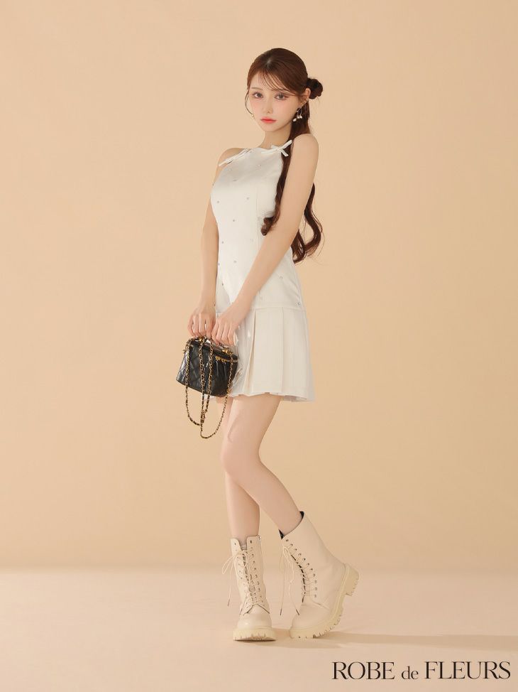 ROBE de FLEURS ローブドフルール サテンビジューリボンボックスプリーツミニキャバドレス fm3399-c