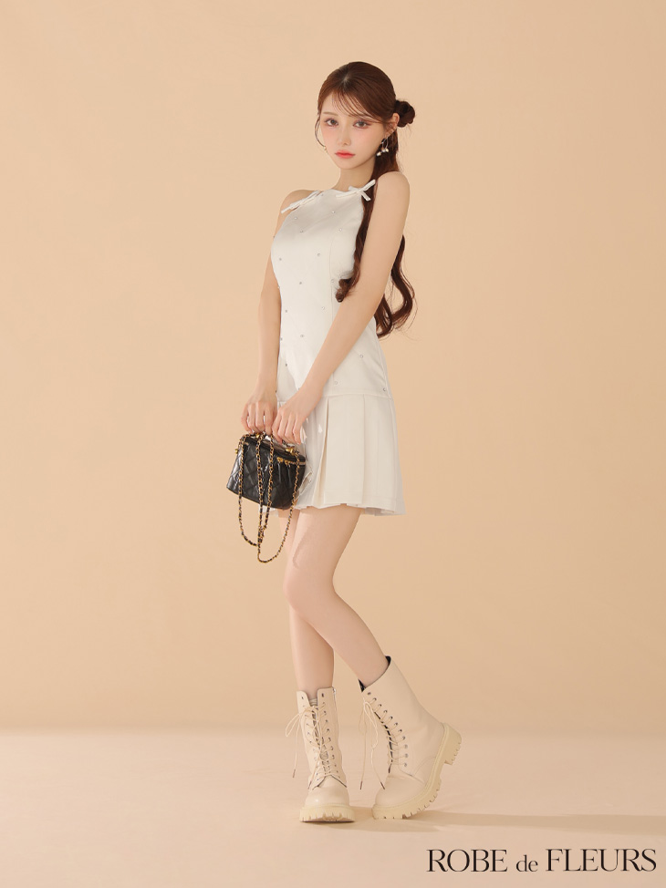 ROBE de FLEURS ローブドフルール サテンビジューリボンボックスプリーツミニキャバドレス fm3399-c