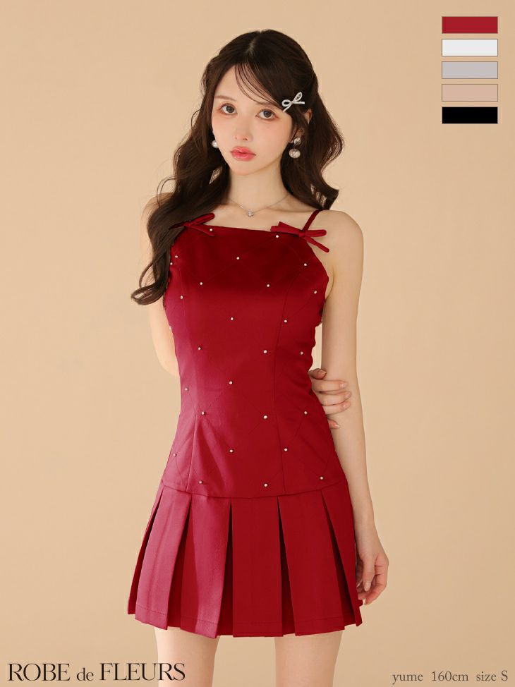 ROBE de FLEURS ローブドフルール サテンビジューリボンボックスプリーツミニキャバドレス fm3399