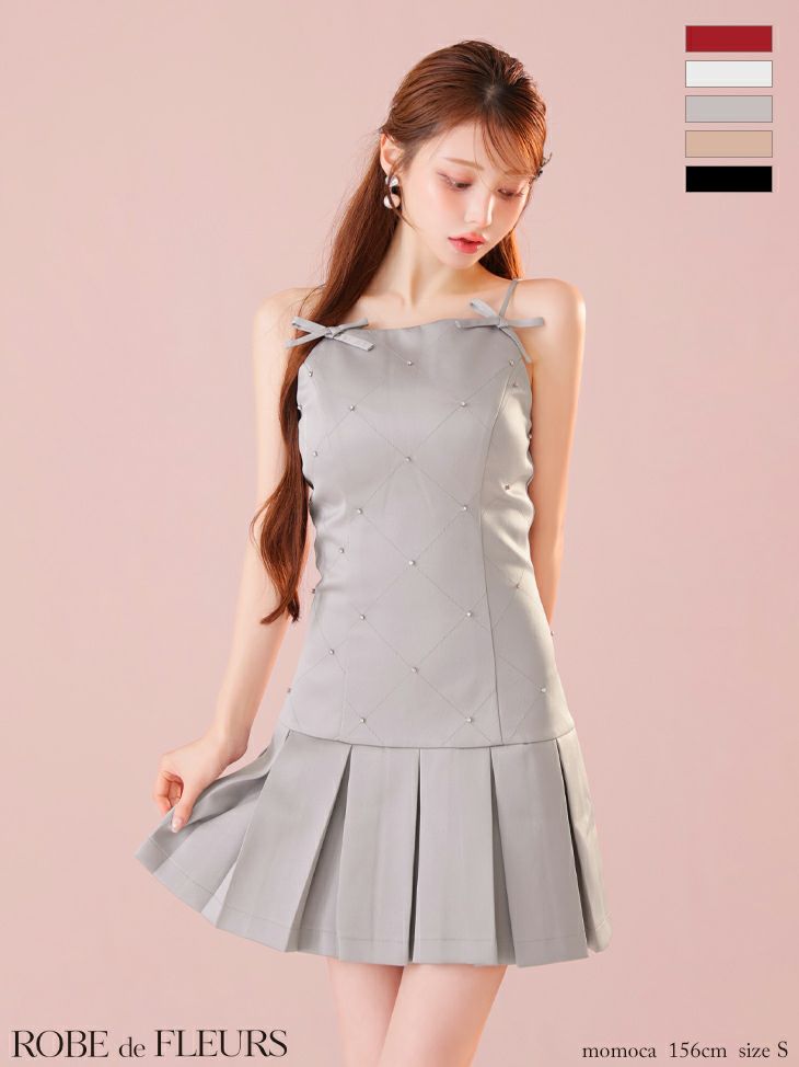 ROBE de FLEURS ローブドフルール サテンビジューリボンボックスプリーツミニキャバドレス fm3399