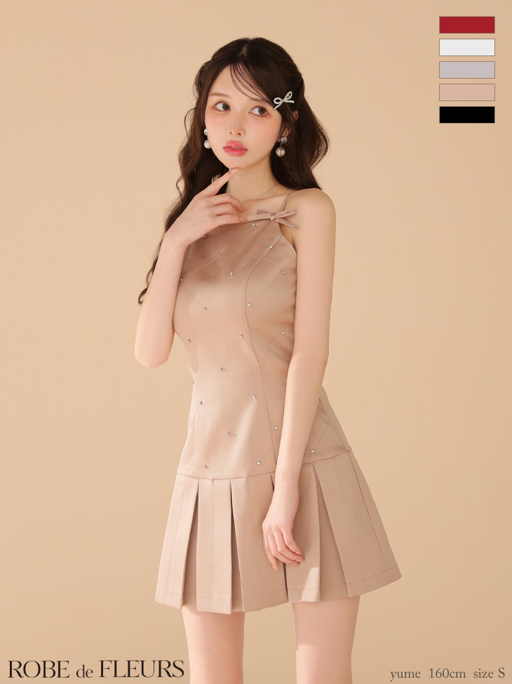 ROBE de FLEURS ローブドフルール サテンビジューリボンボックスプリーツミニキャバドレス fm3399