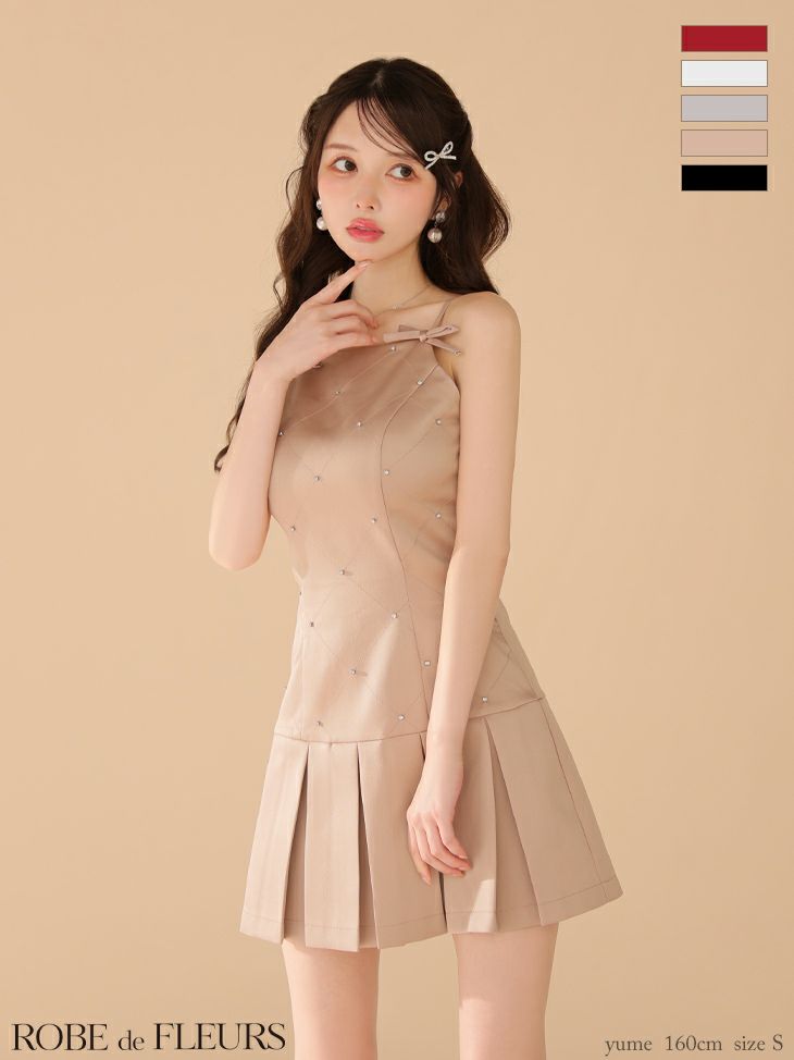 ROBE de FLEURS ローブドフルール サテンビジューリボンボックスプリーツミニキャバドレス fm3399