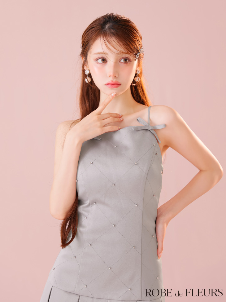 ROBE de FLEURS ローブドフルール サテンビジューリボンボックスプリーツミニキャバドレス fm3399