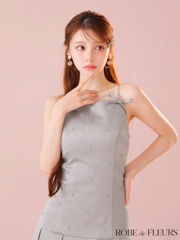 ROBE de FLEURS ローブドフルール サテンビジューリボンボックスプリーツミニキャバドレス fm3399