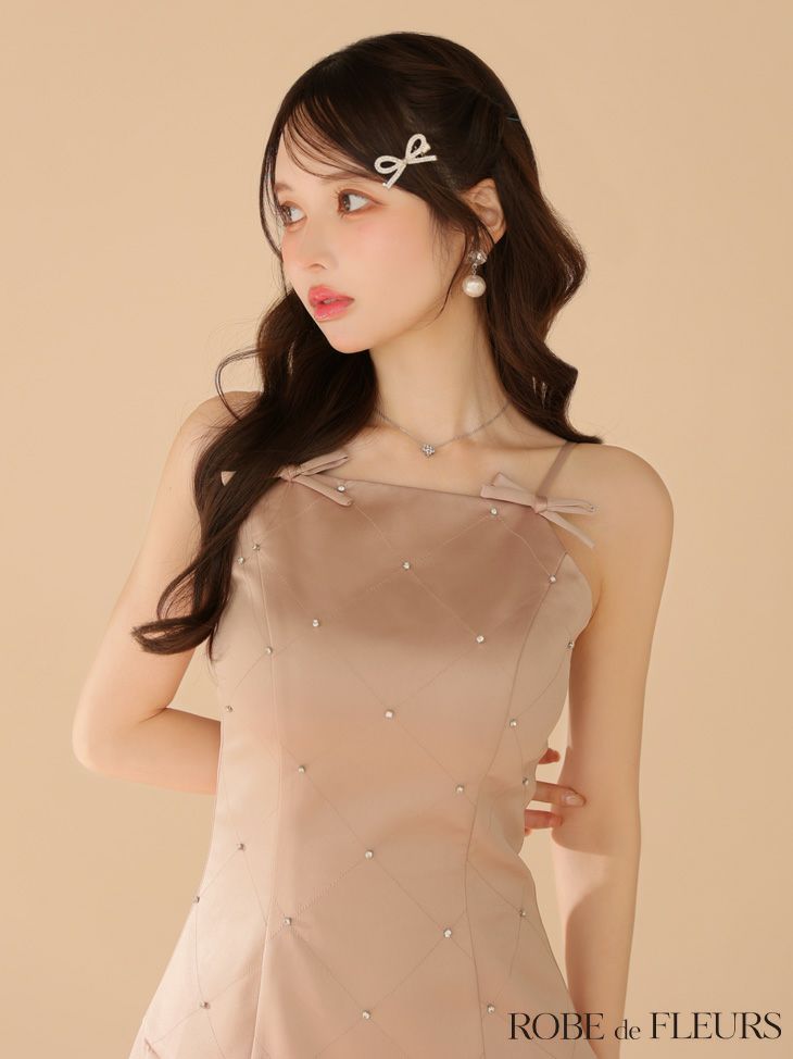 ROBE de FLEURS ローブドフルール サテンビジューリボンボックスプリーツミニキャバドレス fm3399