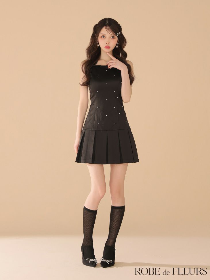 ROBE de FLEURS ローブドフルール サテンビジューリボンボックスプリーツミニキャバドレス fm3399