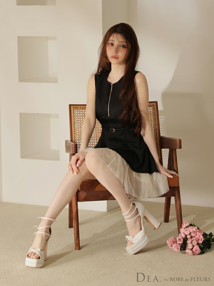 DEA. ディア バイ ローブドフルール ノースリーブベルトデザインチュールミニキャバドレス de3444