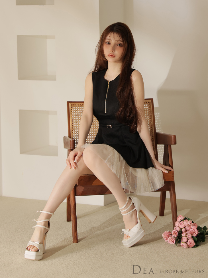 DEA. ディア バイ ローブドフルール ノースリーブベルトデザインチュールミニキャバドレス de3444