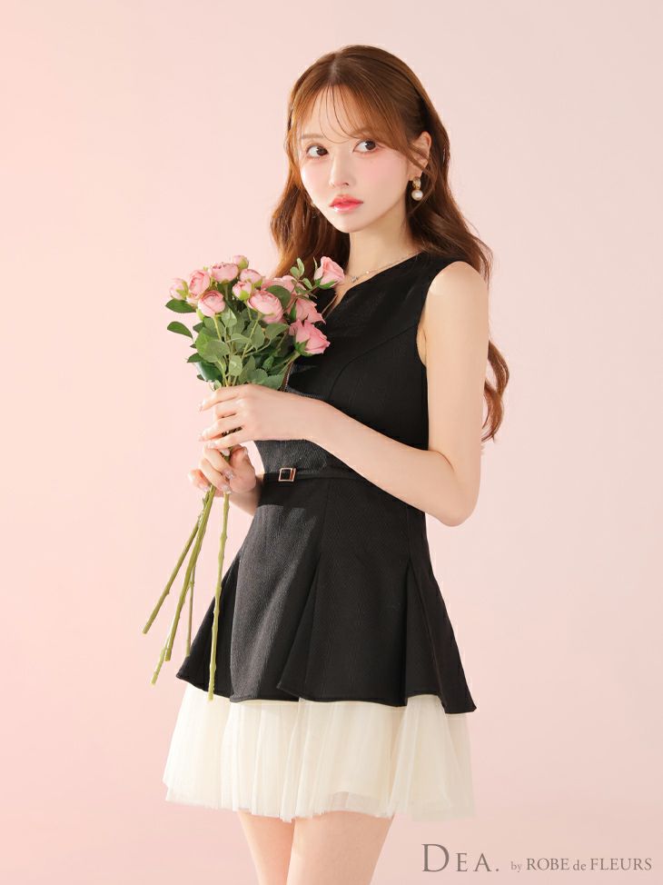 DEA. ディア バイ ローブドフルール ノースリーブベルトデザインチュールミニキャバドレス de3444