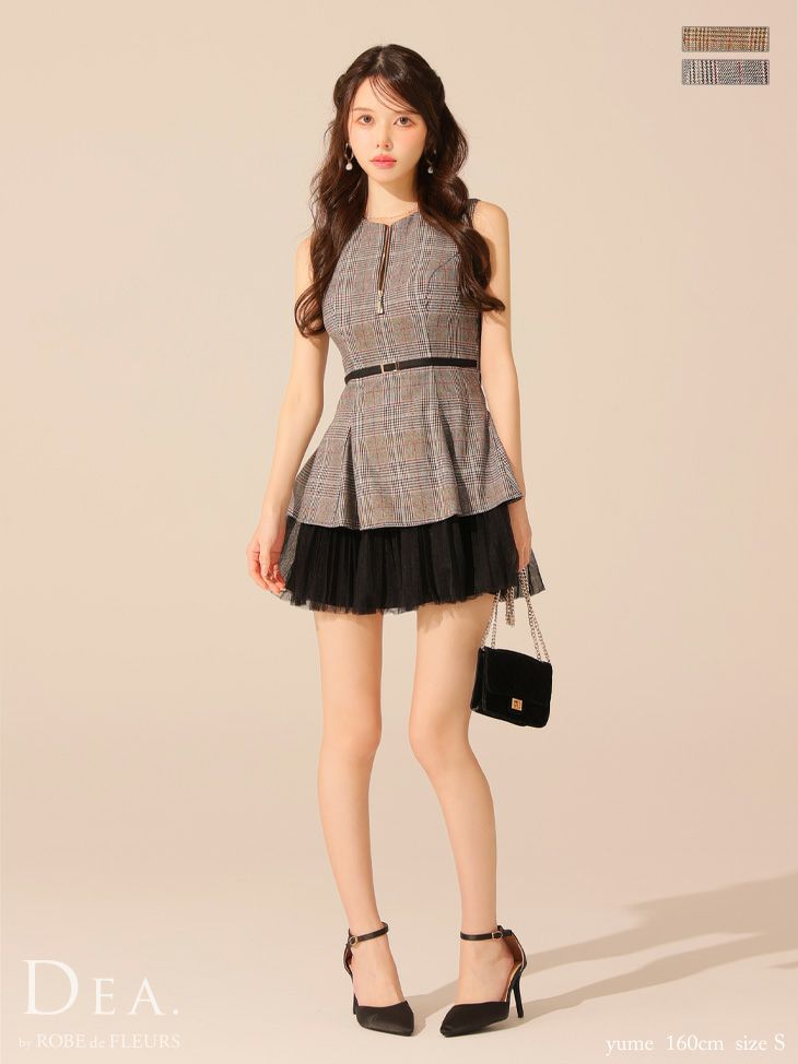 DEA. ディア バイ ローブドフルール チェックノースリーブベルトデザインチュールミニキャバドレス de3477