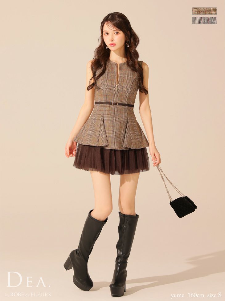 DEA. ディア バイ ローブドフルール チェックノースリーブベルトデザインチュールミニキャバドレス de3477
