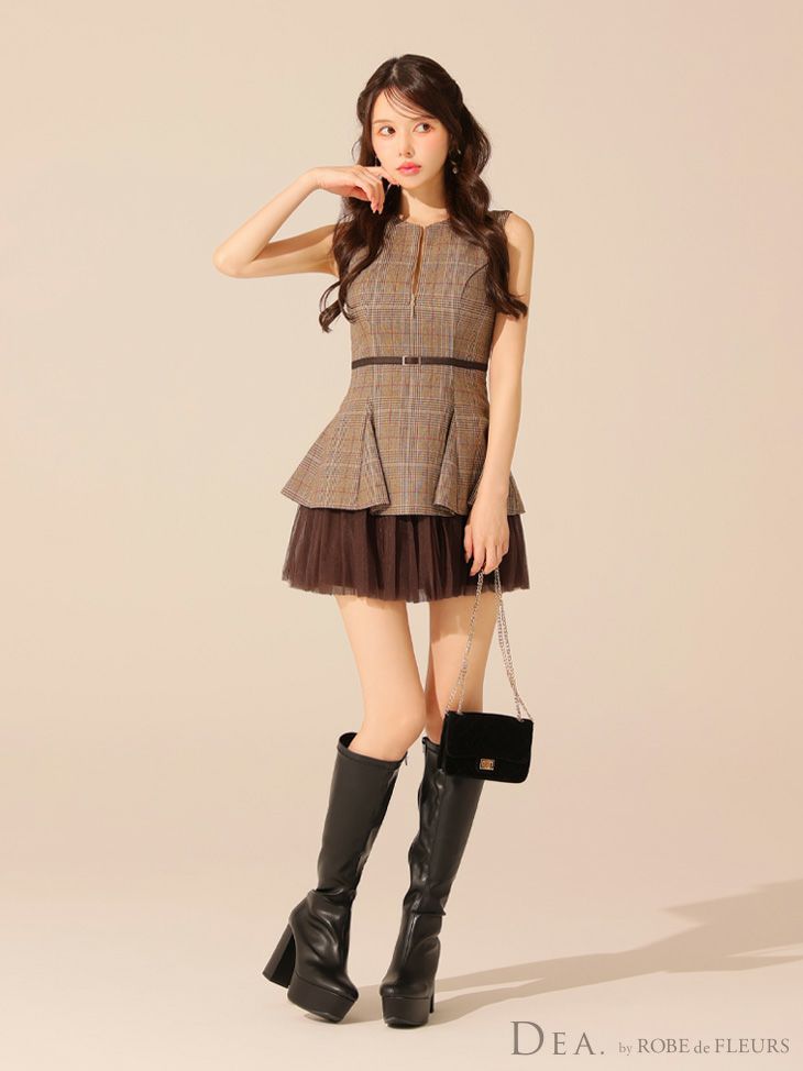DEA. ディア バイ ローブドフルール チェックノースリーブベルトデザインチュールミニキャバドレス de3477