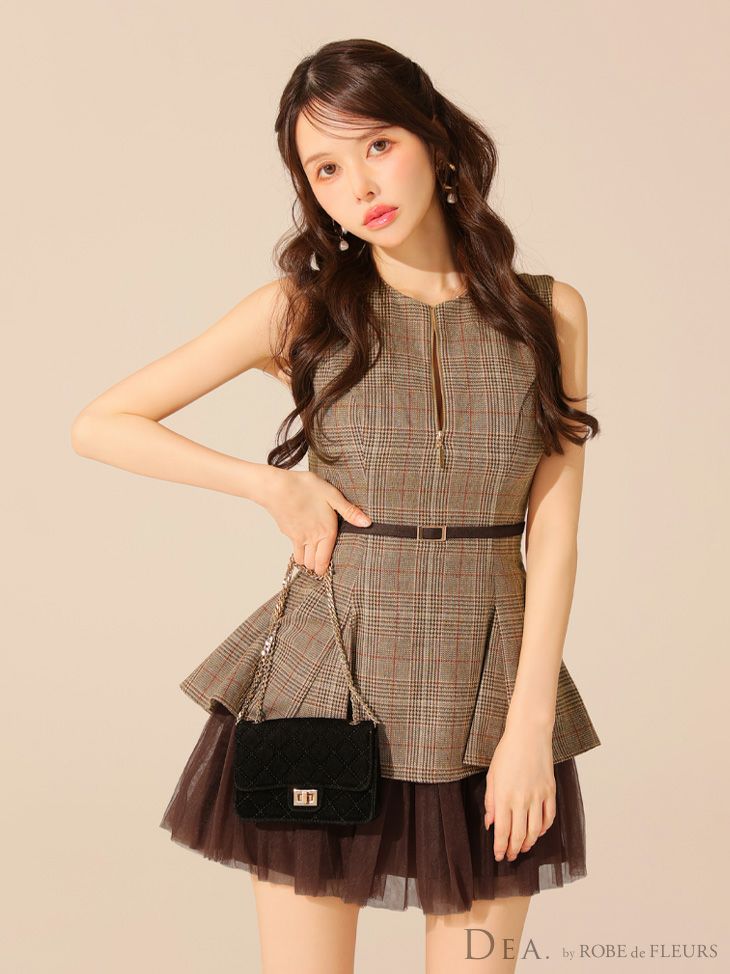DEA. ディア バイ ローブドフルール チェックノースリーブベルトデザイン DEA. ディア バイ ローブドフルール チェックノースリーブベルト