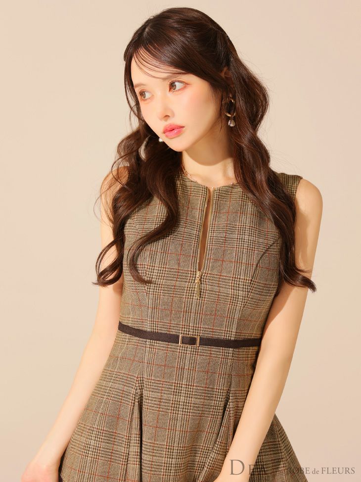 DEA. ディア バイ ローブドフルール チェックノースリーブベルトデザインチュールミニキャバドレス de3477