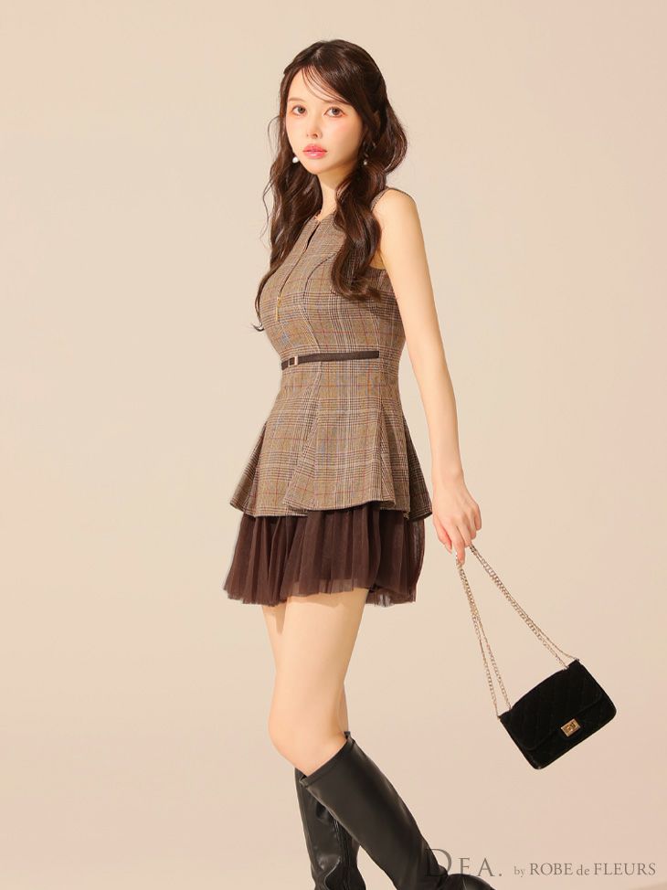 DEA. ディア バイ ローブドフルール チェックノースリーブベルトデザインチュールミニキャバドレス de3477