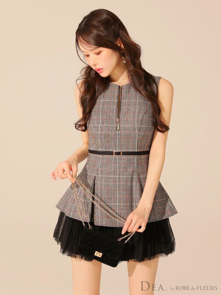 DEA. ディア バイ ローブドフルール チェックノースリーブベルトデザインチュールミニキャバドレス de3477