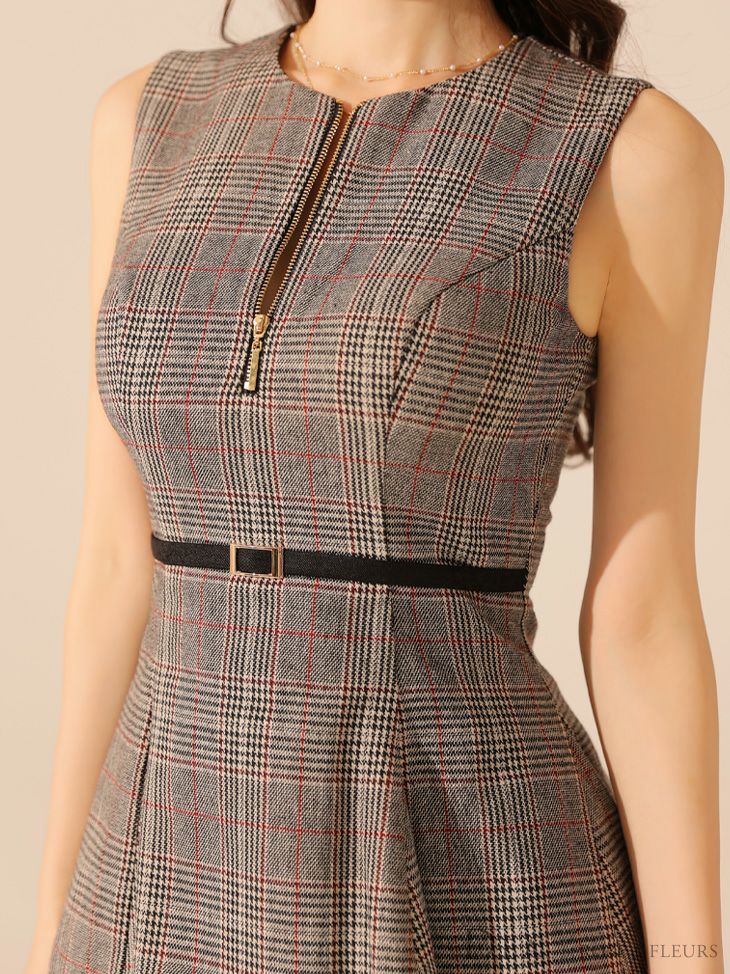 DEA. ディア バイ ローブドフルール チェックノースリーブベルトデザインチュールミニキャバドレス de3477