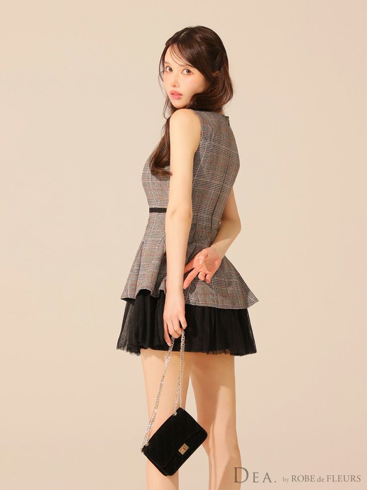 DEA. ディア バイ ローブドフルール チェックノースリーブベルトデザインチュールミニキャバドレス de3477-c