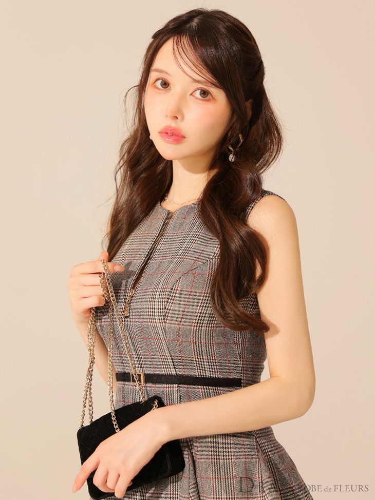 DEA. ディア バイ ローブドフルール チェックノースリーブベルトデザインチュールミニキャバドレス de3477-c