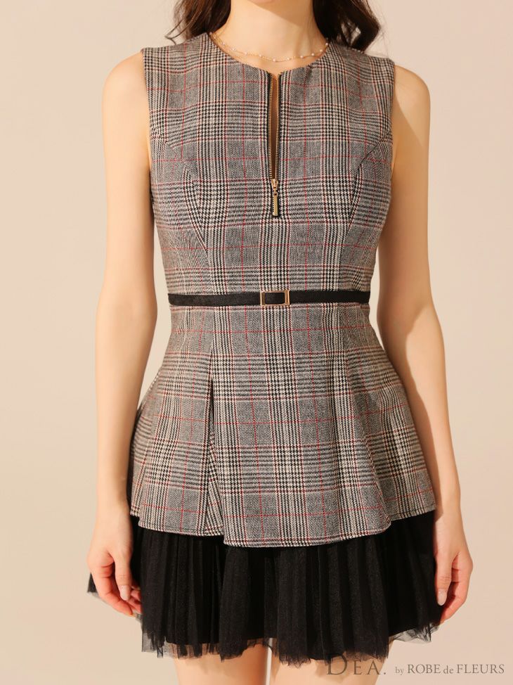 DEA. ディア バイ ローブドフルール チェックノースリーブベルトデザインチュールミニキャバドレス de3477-c
