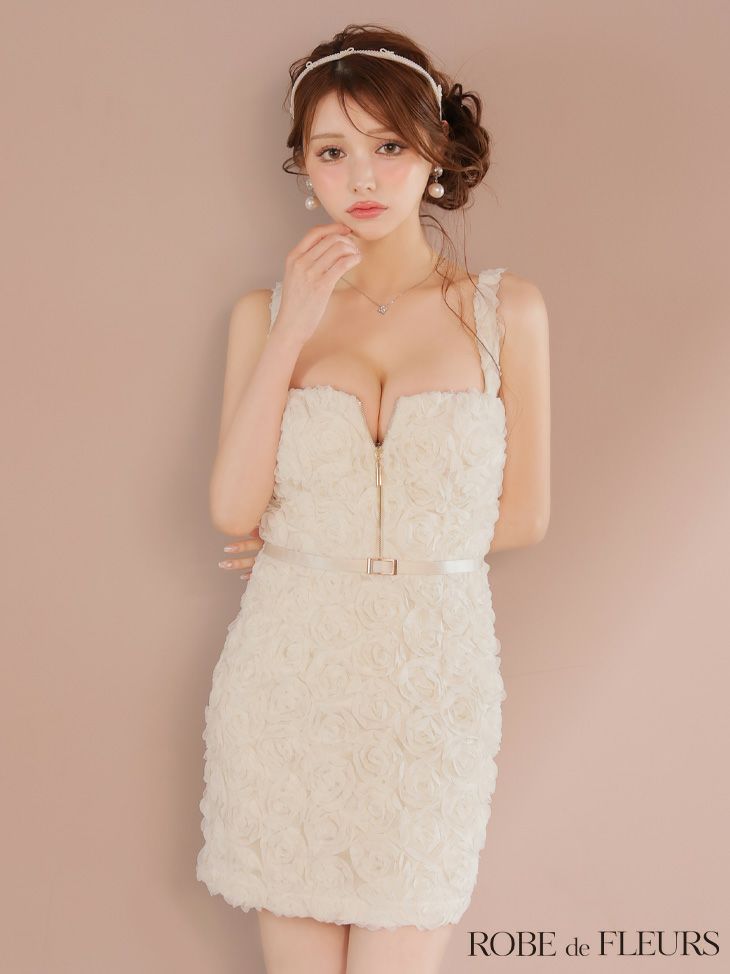 ROBE de FLEURS ローブドフルール ガーリーローズレースサテンミニキャバドレス fm4203