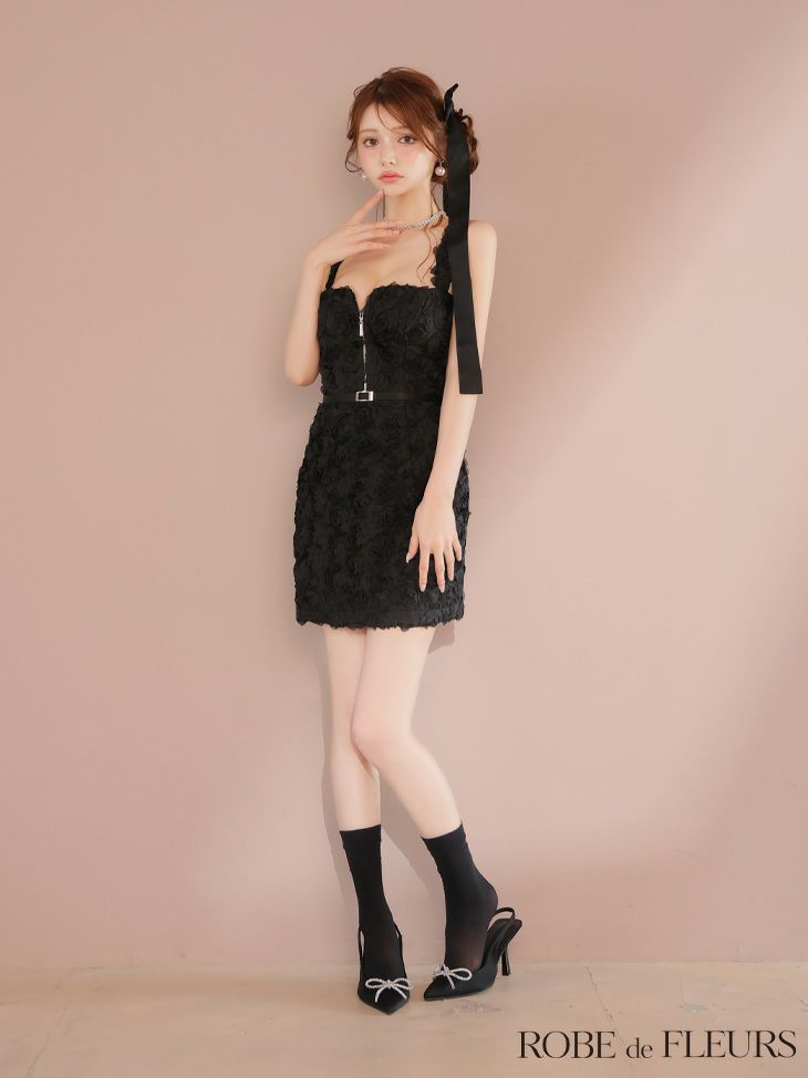 ROBE de FLEURS ローブドフルール ガーリーローズレースサテンミニキャバドレス fm4203