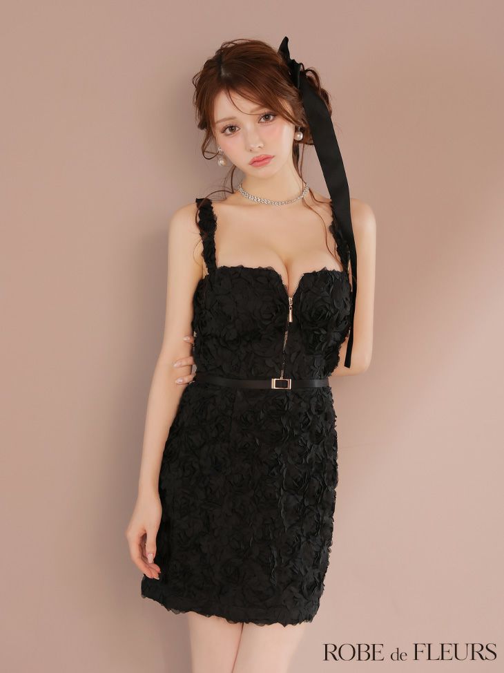 ROBE de FLEURS ローブドフルール ガーリーローズレースサテンミニキャバドレス fm4203