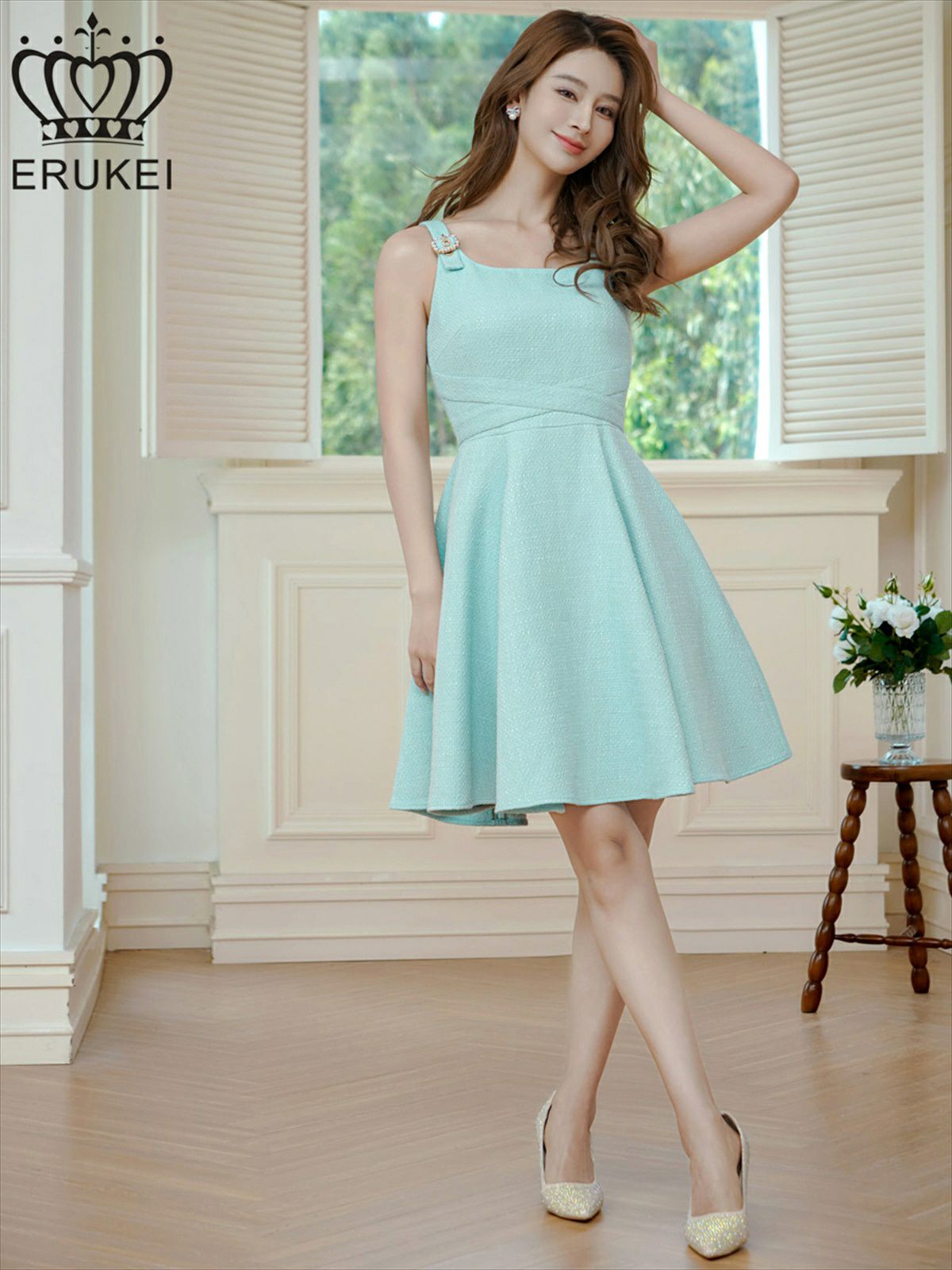 ERUKEI エルケイ グリーン ノースリーブ・ベルト風・サマーツイード・Aライン・ミニドレス・ワンピース ek-e24208