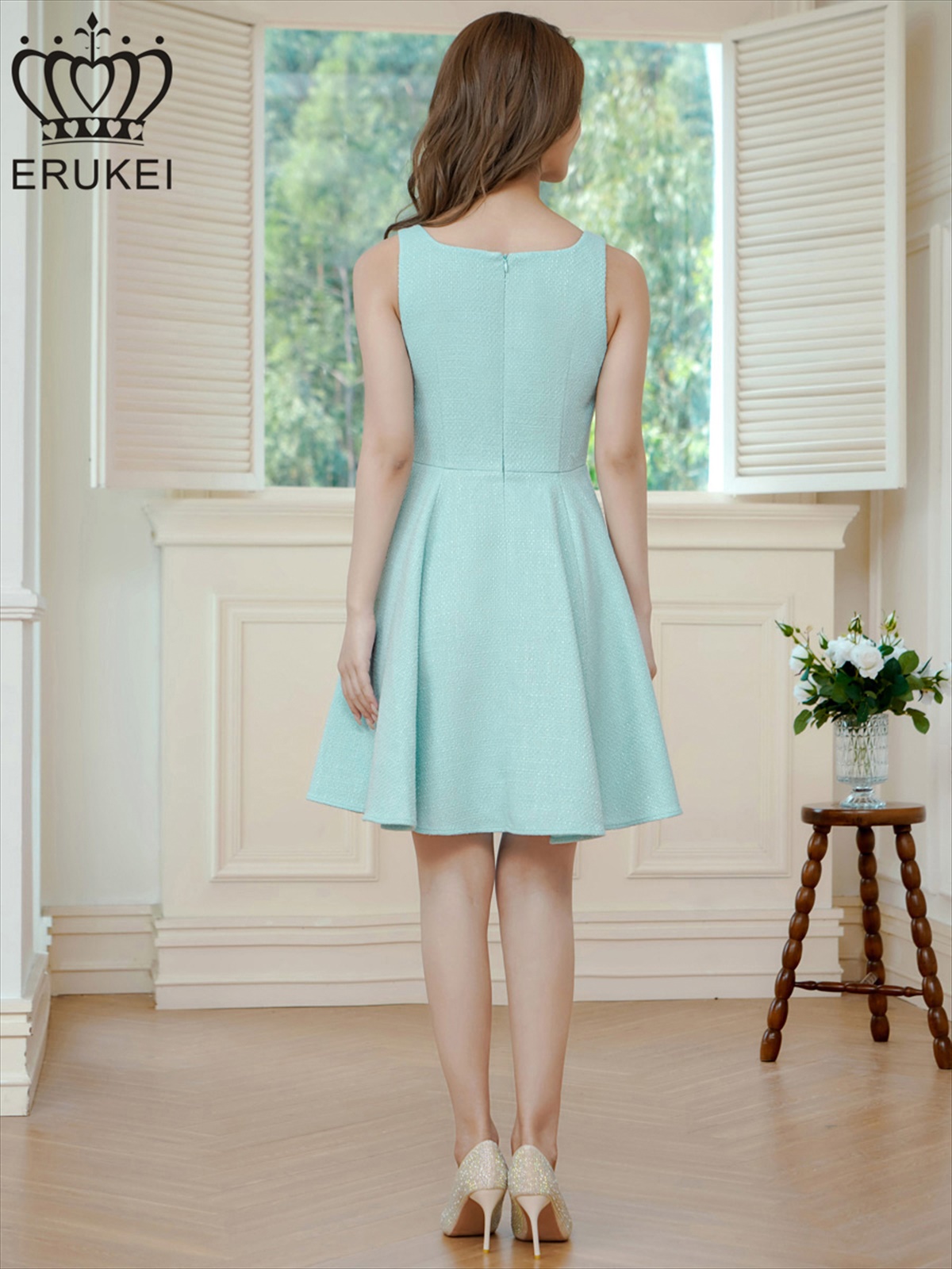 ERUKEI エルケイ グリーン ノースリーブ・ベルト風・サマーツイード・Aライン・ミニドレス・ワンピース ek-e24208